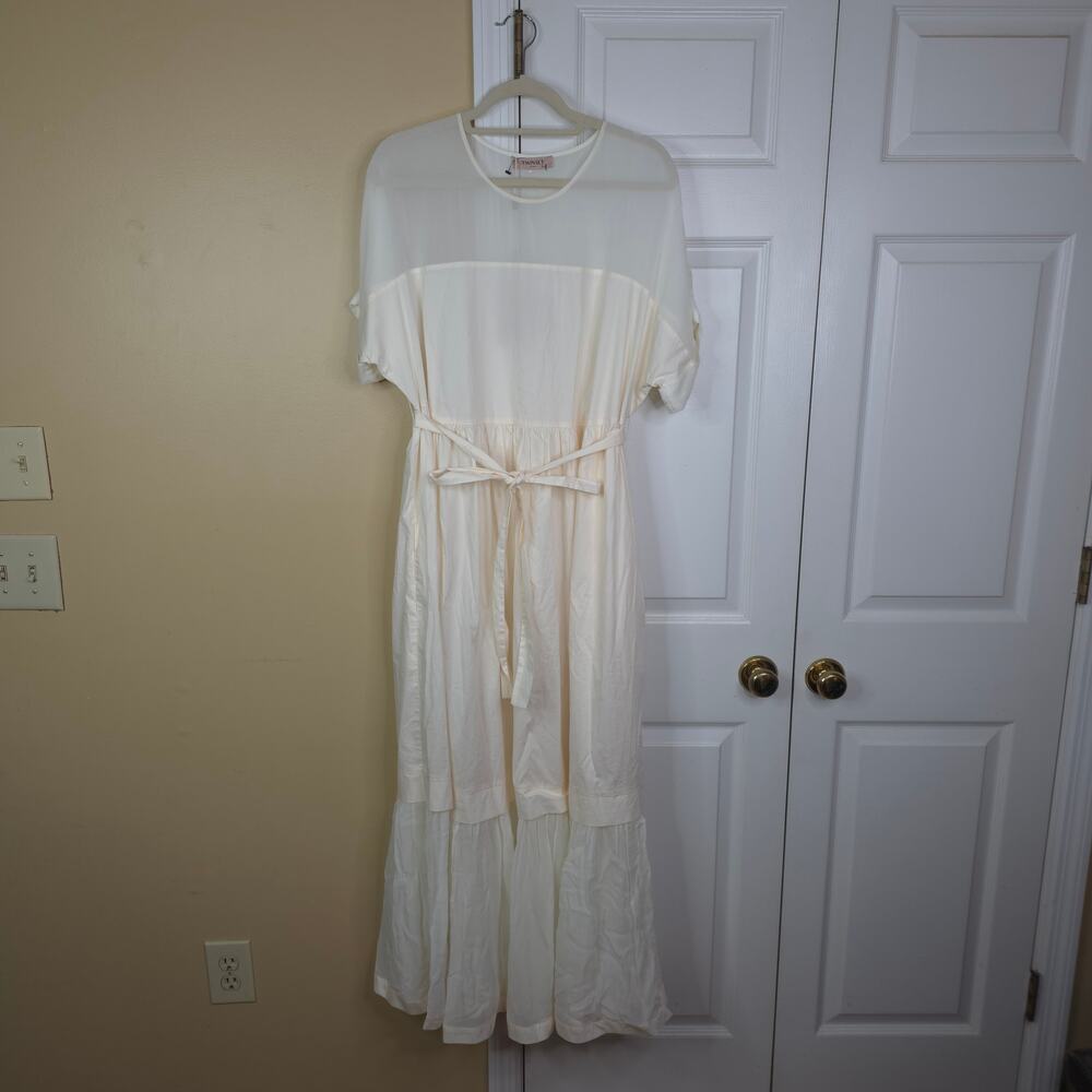 TWINSET Short Sleeve Sheer Tiered Maxi Dress with Tie in Ivory Size IT 48/US 12